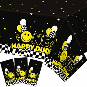 Mantel de PE One Happy Dude Primer Cumpleaños Cara Sonriente Cuadros Cubierta de Mesa Desechable Para Decoraciones de Fiesta Infantil