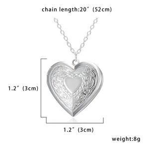 Silver heart locket necklace with chain pendant floral engraved vintage style jewelry for women