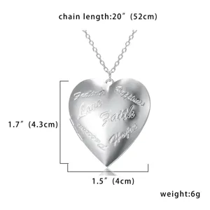 Silver heart locket pendant necklace with inspirational engraved words and chain size details.