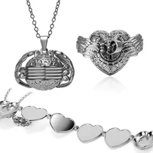 Silver wing heart folding photo locket necklace, multi photo compartment pendant jewelry detail.