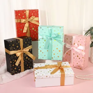 Fresh Star Pattern Folding Gift Box Empty Top And Bottom Cover Packaging With Ribbon For Birthday Festival Wedding Souvenir Favor Box