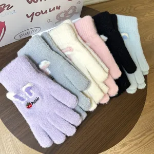 Gants d'hiver en tricot mignons pour femmes, gants chauds et épais avec broderie de lapin.