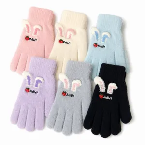 Gants tricotés chauds d'hiver brodés d'oreilles de lapin pour femmes filles doux et confortables