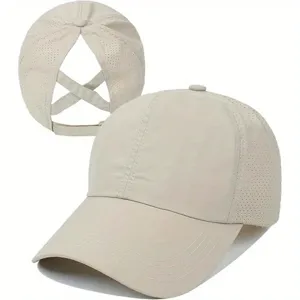 Beige quick-drying mesh baseball cap with ponytail cutout detail for outdoor summer wear.