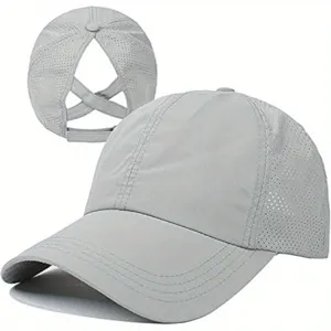 Detail view of grey quick-dry mesh baseball cap featuring a convenient cross strap back design.