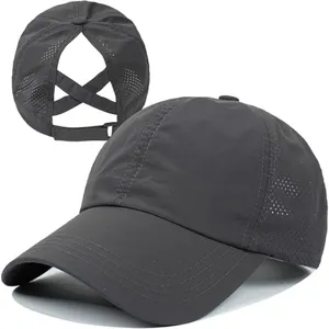 Quick-drying mesh ponytail baseball cap detail showing breathable back cross strap design.