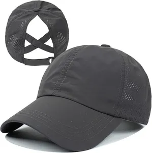 Dark grey quick-dry baseball cap with breathable mesh and criss-cross ponytail opening.