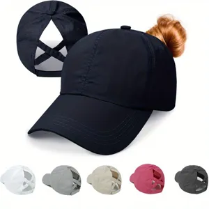 Detail view of the quick-dry ponytail baseball cap with breathable mesh and cross back.