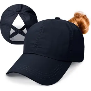 Navy blue ponytail baseball cap detail showing breathable mesh sides and back opening.