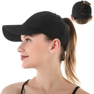 Black ponytail baseball cap with breathable mesh and cross strap design for outdoor sports.