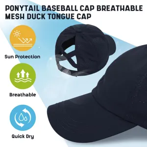 Detailed view of breathable mesh ponytail baseball cap featuring quick dry and sun protection.