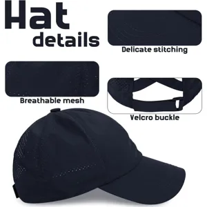 Detailed view of breathable mesh, delicate stitching and adjustable velcro buckle on baseball cap.