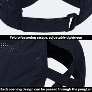 Black quick-dry mesh baseball cap detail with adjustable velcro strap and ponytail hole.