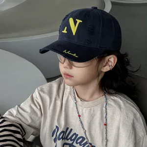 Kids washed baseball hat with yellow embroidery letter and distressed brim design daily wear