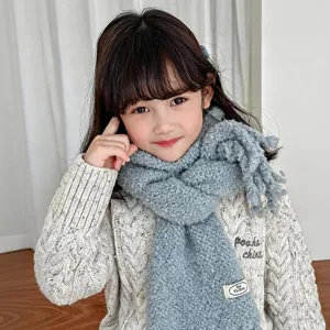 Kids fuzzy plush winter scarf with knit sweater set, warm cozy gray apparel for children.