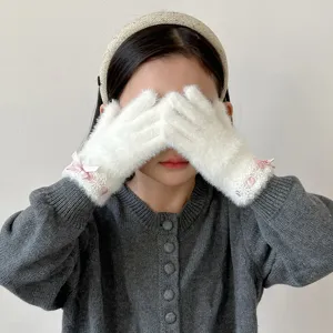 White fluffy plush gloves for women and girls with cute lace trim and pink bows winter warm.
