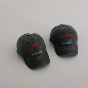 Vintage washed cotton baseball cap with Montana embroidery letters, casual unisex sun hat.