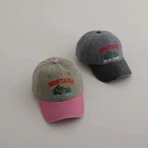 Washed baseball cap with Montana embroidery and mountain graphic, casual unisex sun hat.