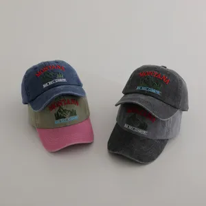 Detailed view of washed cotton baseball caps featuring vintage embroidery and mountain graphics.