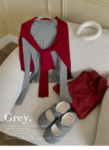 Ensemble de tenue décontractée automne hiver confortable avec haut gris et pull en tricot.