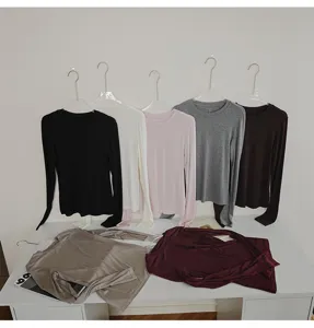 Chemise basique manches longues unie femme minimaliste décontracté col rond automne hiver haut