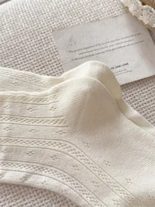 Λεπτομερές κοντινό πλάνο από κρεμ πλεκτή κάλτσα με λεπτή δαντέλα και εξαιρετικά απαλή υφή.