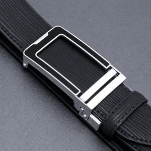 Men's leather belt detail showing the automatic buckle mechanism, high quality split cowhide.