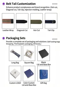 Custom belt tail finishing and packaging solutions including leather wrap and gift boxes.