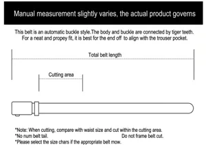 Automatic buckle belt cutting instruction diagram showing total length and adjustment guide.