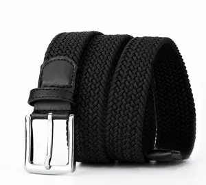 Cinturón elástico tejido para hombre con hebilla plateada, correa casual para uso diario.