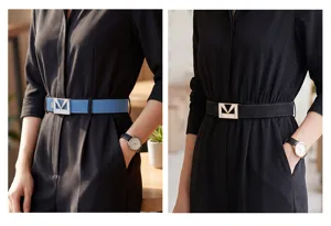 Womens retro denim belt with distinctive M logo metal buckle detail for daily wear.