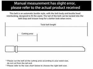 Guide des tailles et instructions de découpe pour ceinture automatique homme.