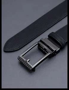 Men's leather belt detail shot showing black textured strap and alloy automatic buckle design.