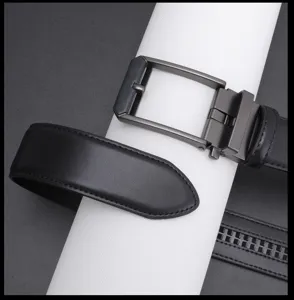 Men's black leather belt close-up displaying the alloy buckle and fine strap texture.