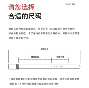 Detailed belt size and cutting guide diagram showing length and slot details for belt.