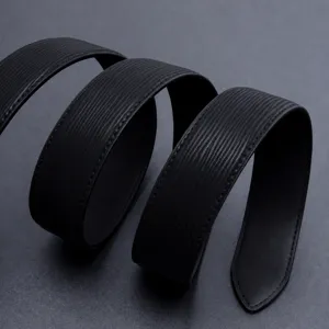 Black leather belt for men, double-sided cowhide business casual dress belt with stitched edges.