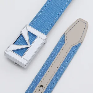 Women denim belt with retro geometric M buckle stylish blue fabric waist strap accessory fashion