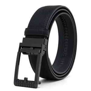 Men black automatic buckle belt, casual business waist belt with textured strap style.