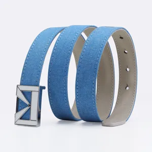 Women's blue denim belt with stylish silver geometric metal buckle casual fashion accessory