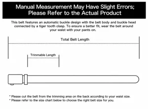 Tactische riem detail instructie diagram met automatische gesp, snijgids en totale lengte weergave.