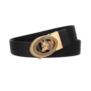 Men's casual black elastic canvas belt with stylish gold wolf head automatic metal buckle.