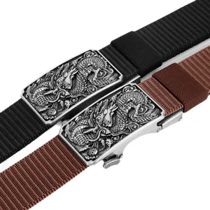 Men tactical canvas belt with metal dragon automatic buckle, casual nylon braided strap.