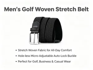 Close-up detail of the black woven stretch golf belt showing the silver metal buckle clearly.