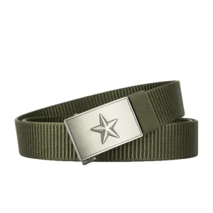Ceinture tactique en nylon vert avec boucle automatique métallique et motif d'étoile.