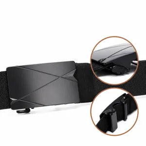 Men black tactical canvas belt with automatic metal buckle no holes casual trouser belt