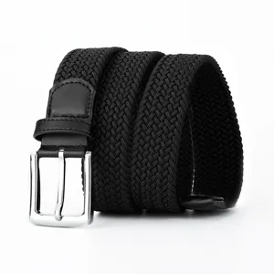 Cinturón elástico trenzado negro para hombre con hebilla de metal plateado elegante