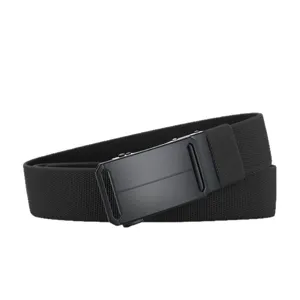 Men's tactical belt with black alloy automatic buckle and elastic nylon woven strap for daily wear.