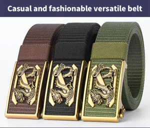 Detail view of men tactical canvas belt with alloy dragon buckle in three classic colors.