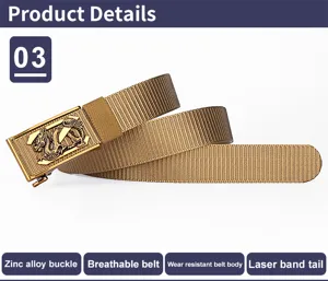 Men outdoor tactical nylon belt with durable alloy buckle and breathable khaki canvas strap.
