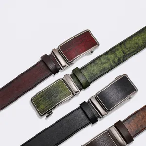 Men's automatic buckle leather belt, vintage wood grain design casual business waist belt